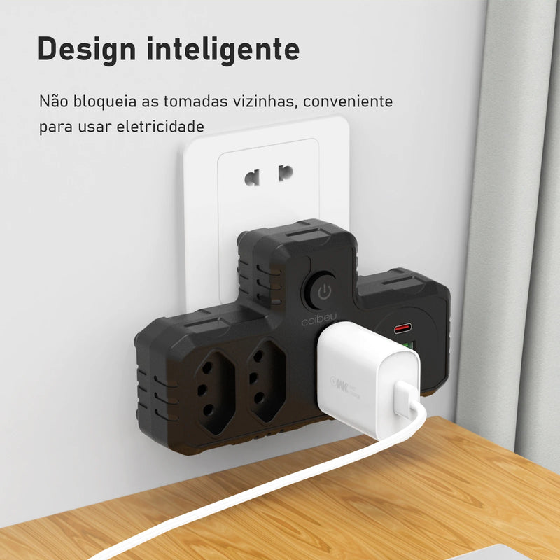 Extensão Inteligente de Parede PowerHub com botão de segurança e Conexão USB e USB-C