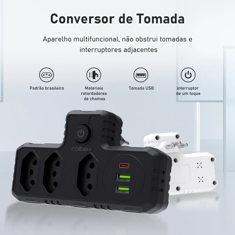 Extensão Inteligente de Parede PowerHub com botão de segurança e Conexão USB e USB-C