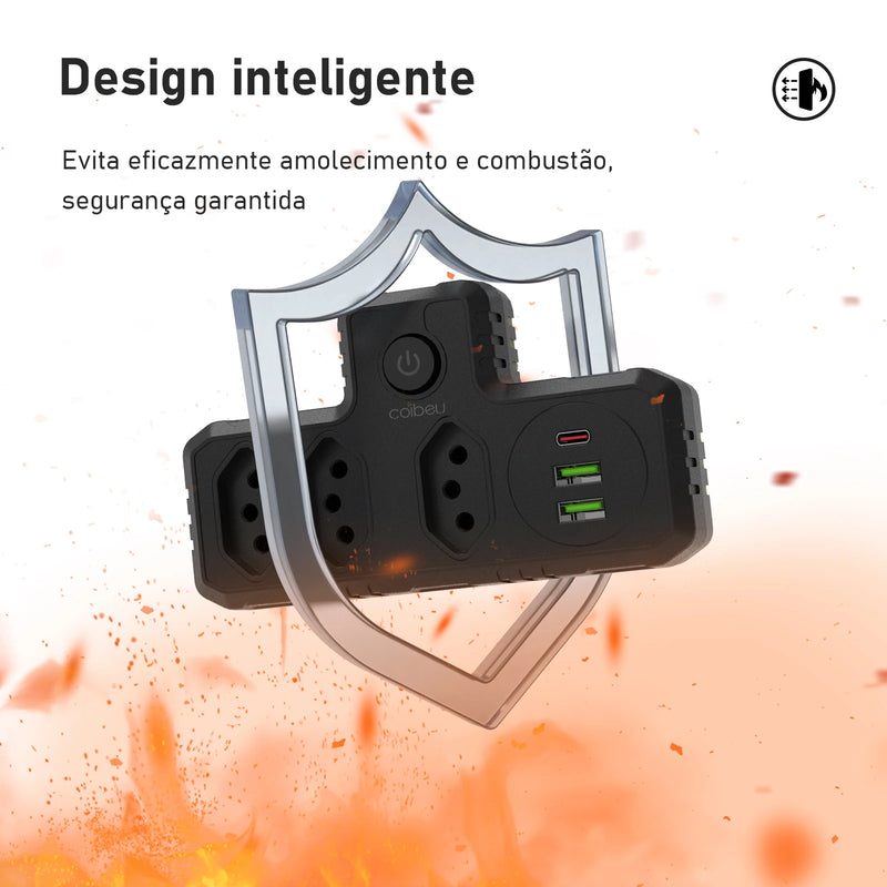 Extensão Inteligente de Parede PowerHub com botão de segurança e Conexão USB e USB-C