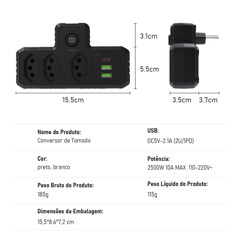 Extensão Inteligente de Parede PowerHub com botão de segurança e Conexão USB e USB-C